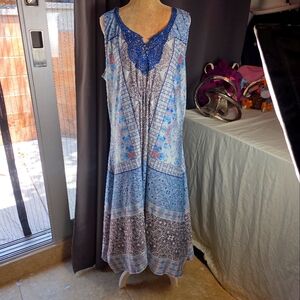 One World Live And Let Live Dress Womens XL Blue Patch Boho Hippie Sleeveless
